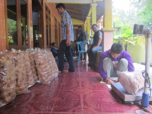 Weighing blocks of coconut sugar