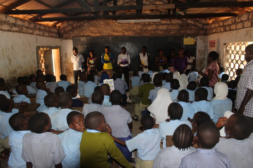 The Kiu mentors, university students from the Kilifi region, meet their students on the first day of the program.